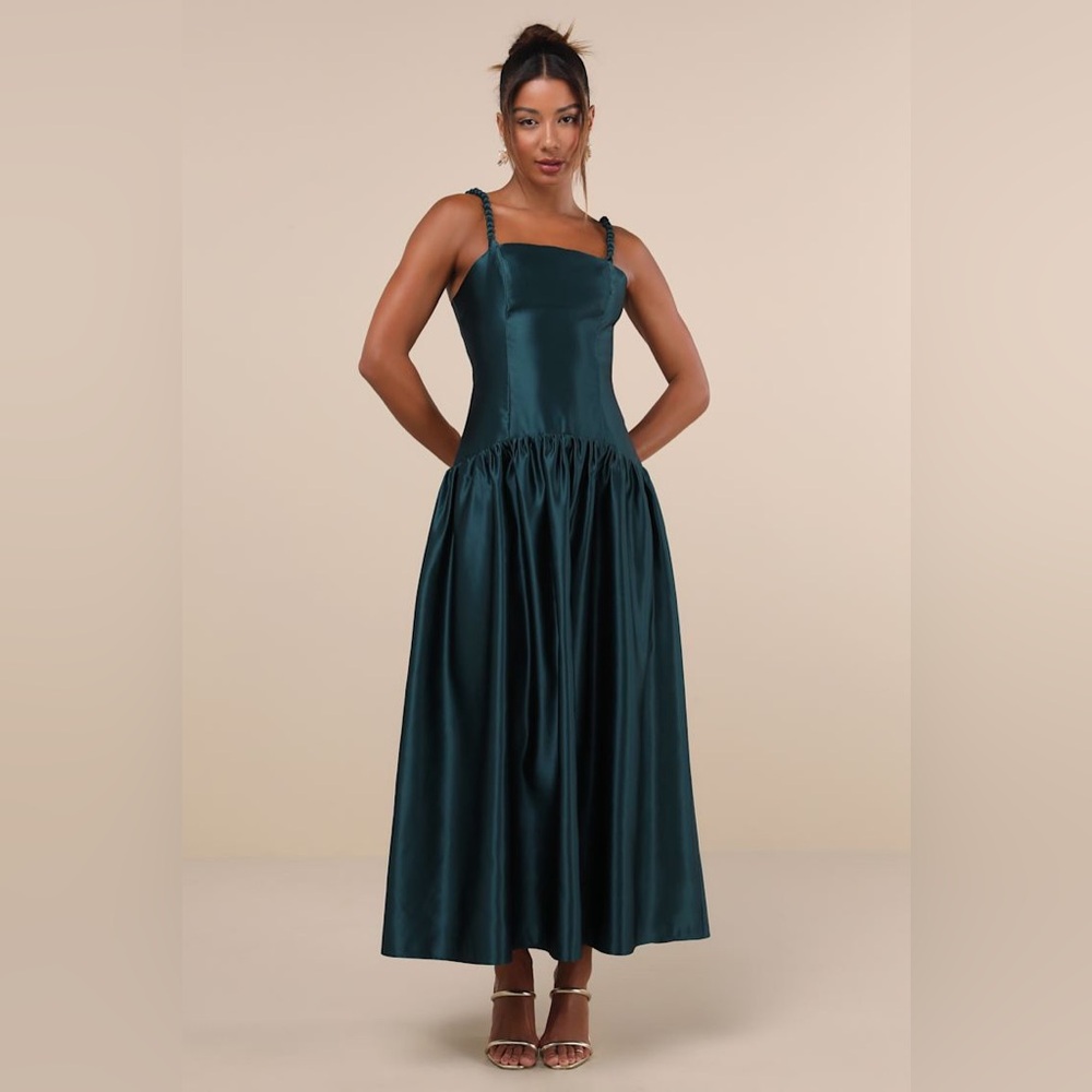 ▪️NWT Lulus Modern Adoration Emerald Satin Backless Lace-Up Maxi Dress S